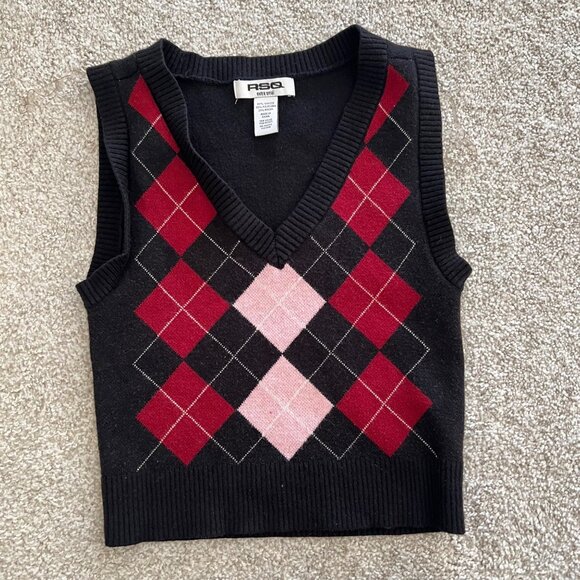 Cropped Argyle Knit Deep V-Neck Thick Sweater Vest Black Red Pink XS - Picture 4 of 6